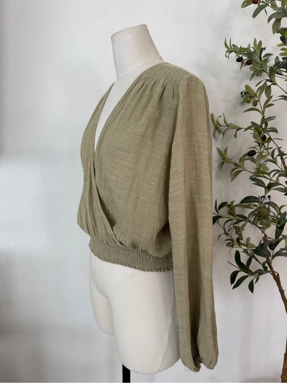 Free People Faux Wrap Blouse Size Small Beige Boho Peasant Top Long Sleeve